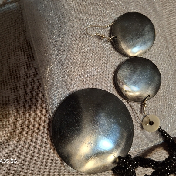 Abalone 2" Necklace Geometric Earrings B/W Round beaded Artisan Design - Picture 12 of 16